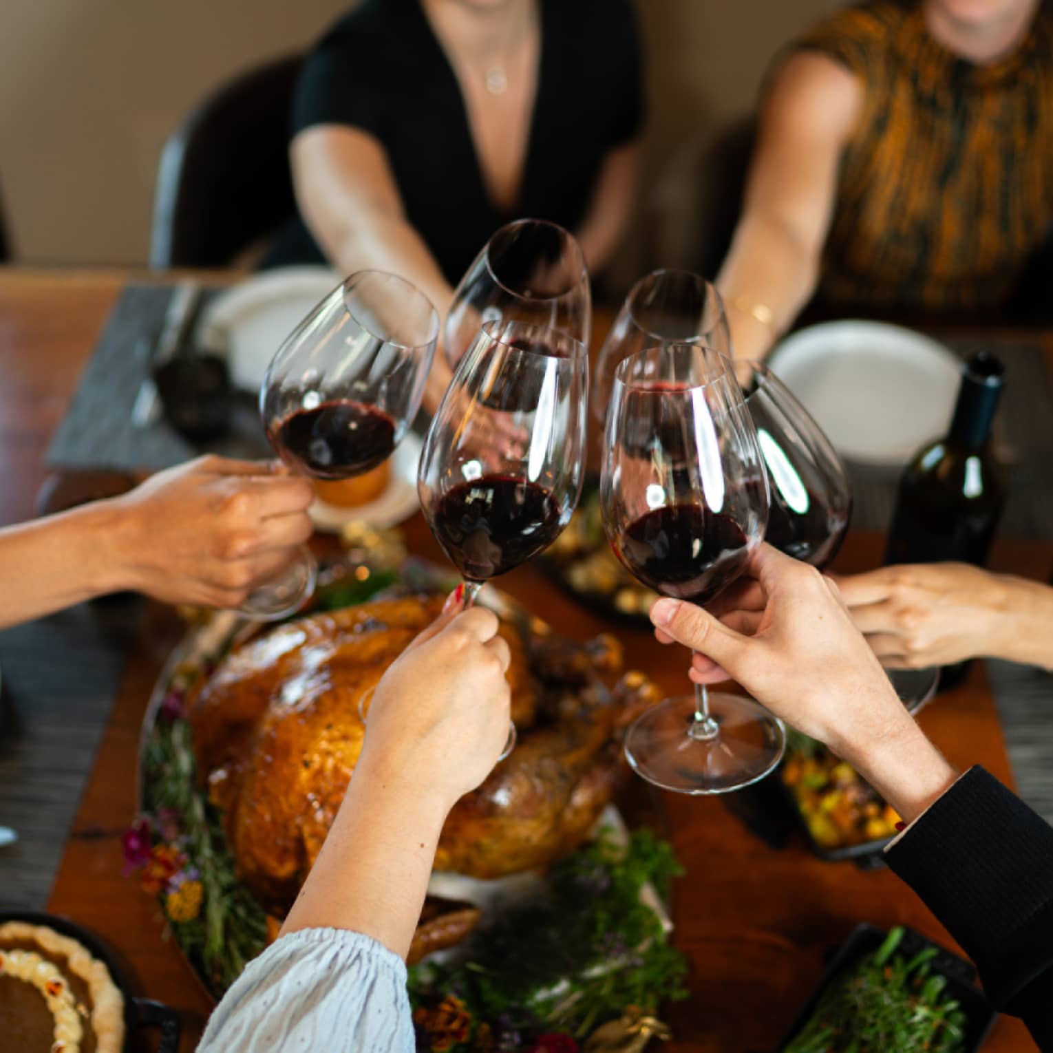 Six arms extend toward the middle of the table to toast over a meal, each holding a glass of red wine