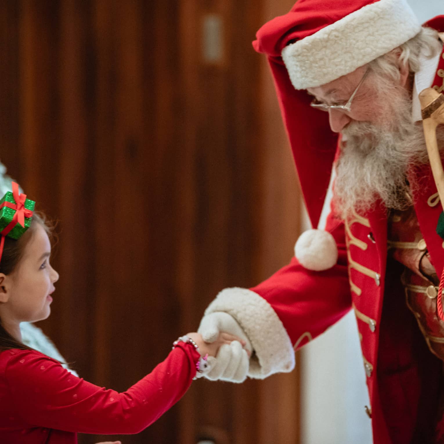 A man dressed as Santa Claus shakes little girl's hand