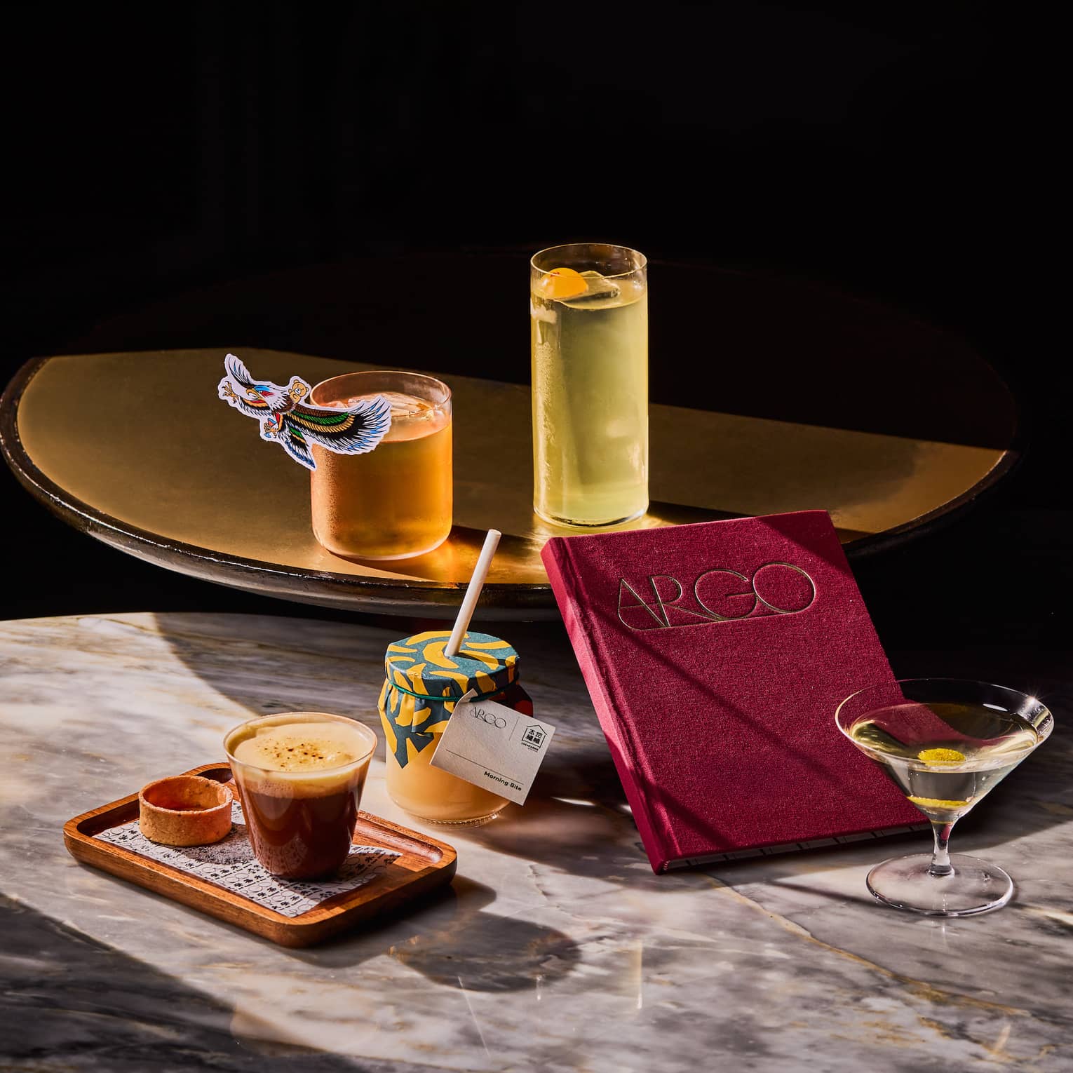 Drinks displayed on a stand on a bar