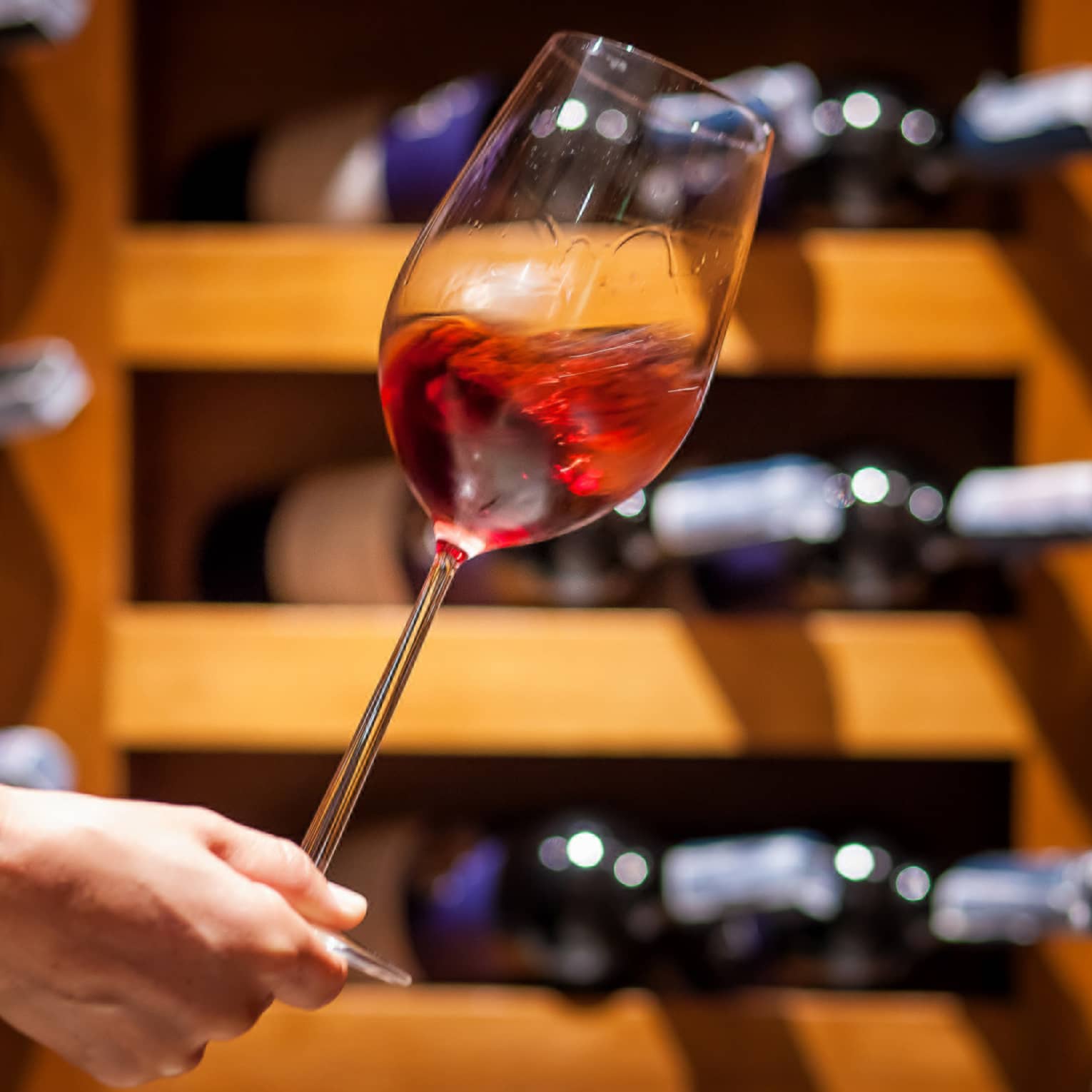 A hand holding a glass of red wine in a wine cellar
