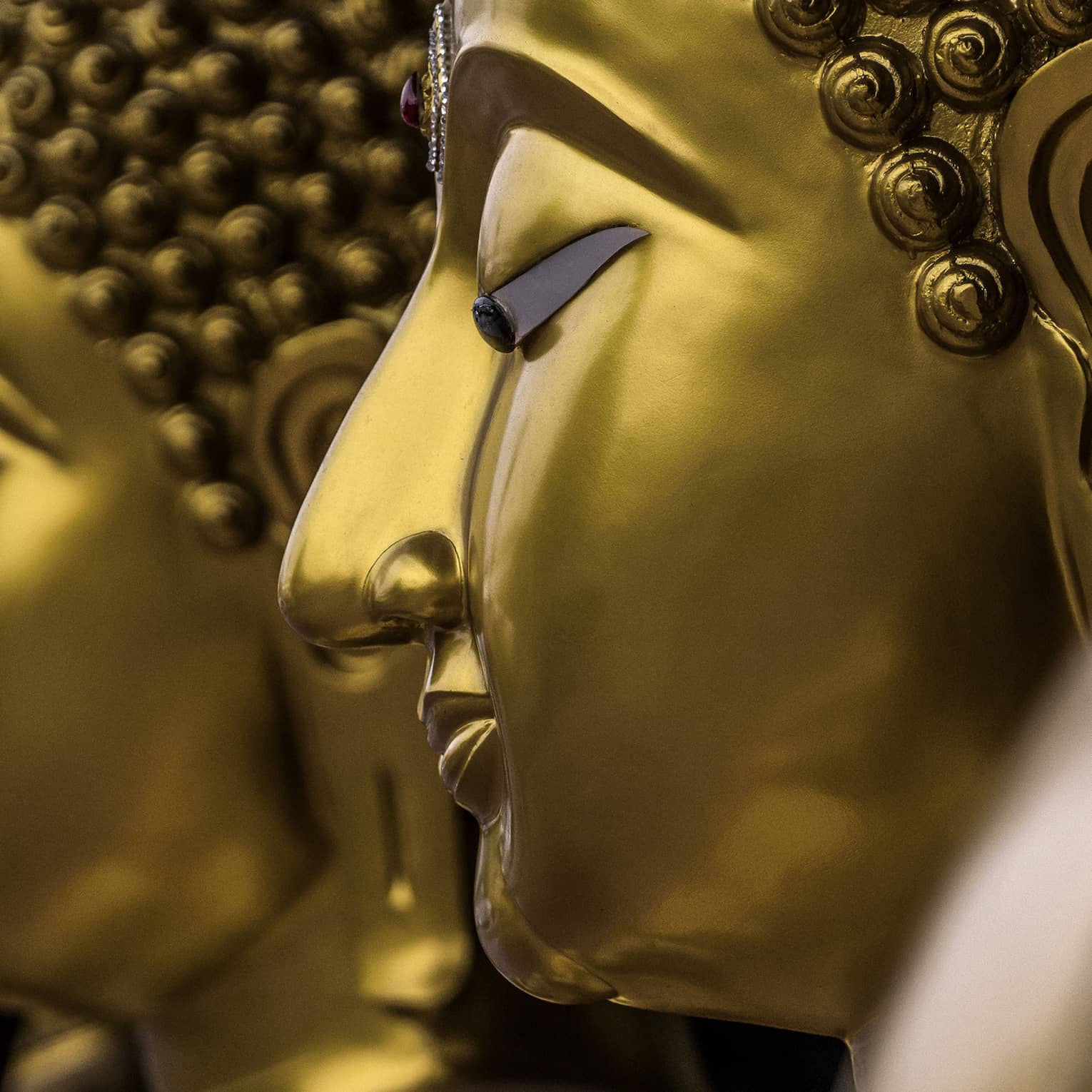 Two gold statues, side of women's face showing nose, ears, closed eyes and hair