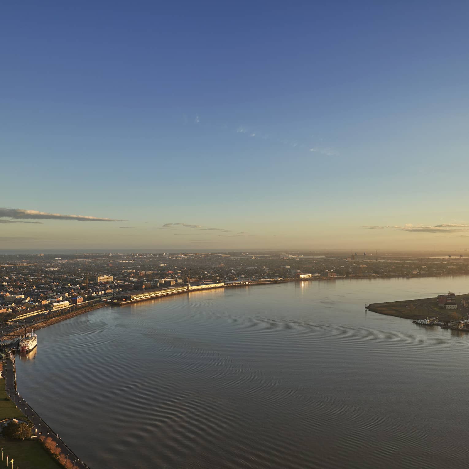 View of the water, city and sunset.