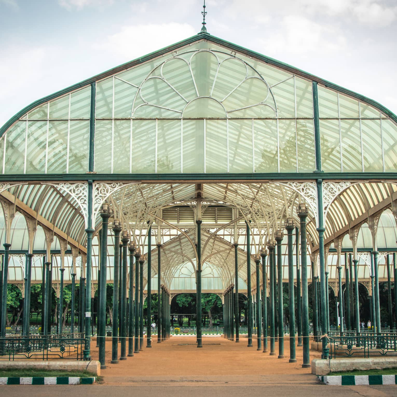 Arched entrance to Glasshouse at Lalbagh Gardens in Bangalore, India