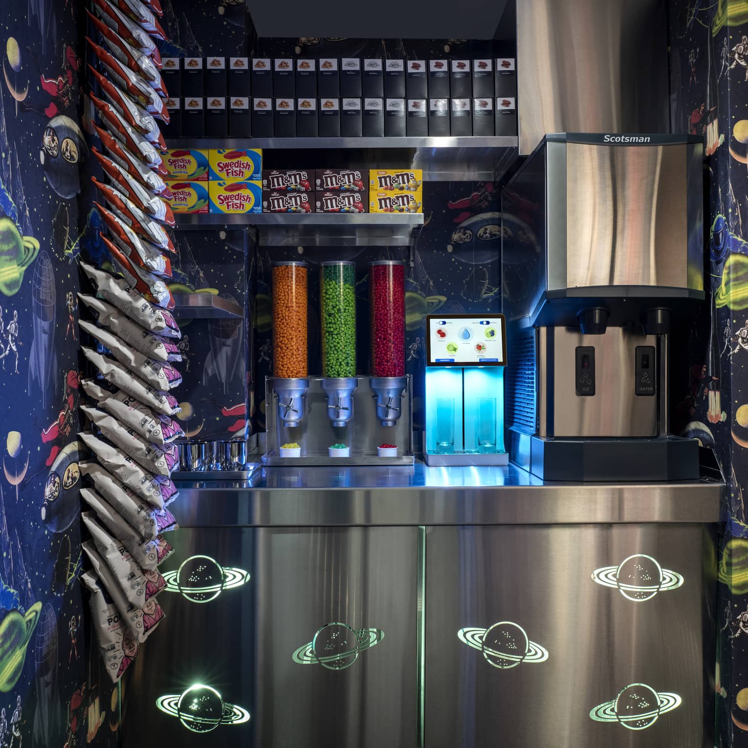 A colourful pantry of snacks and drinks.