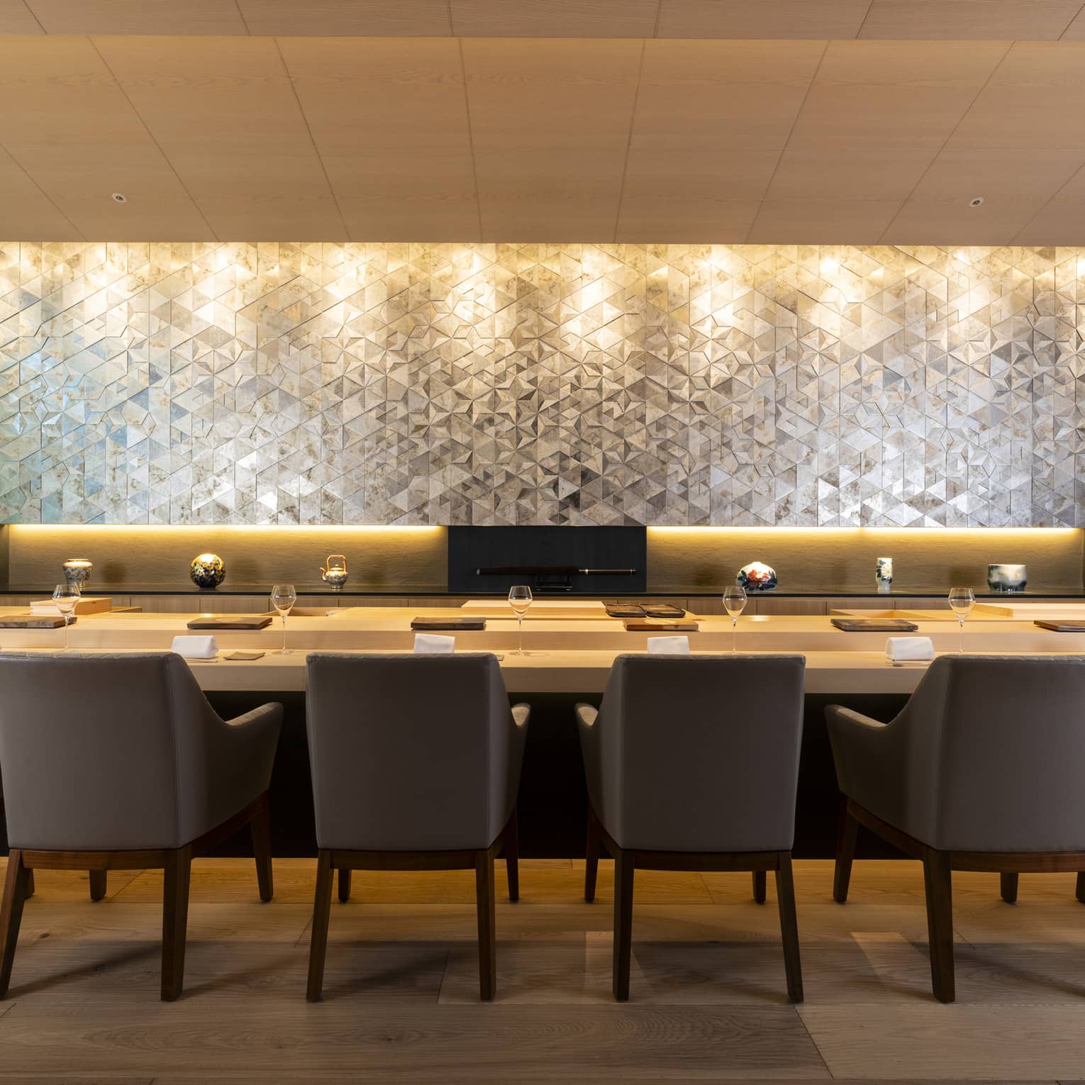 Elegant interior of Sushi Ginza Onodera with a traditional sushi counter