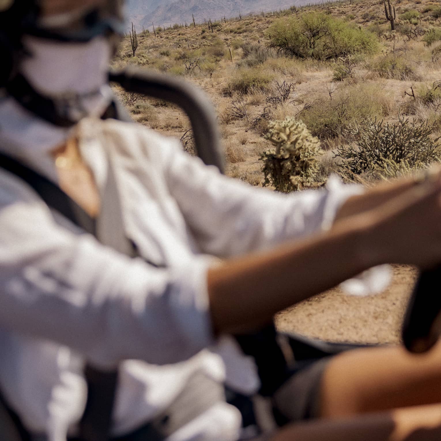 Person wearing a helmet and driving a car with no doors with mountains in the background.