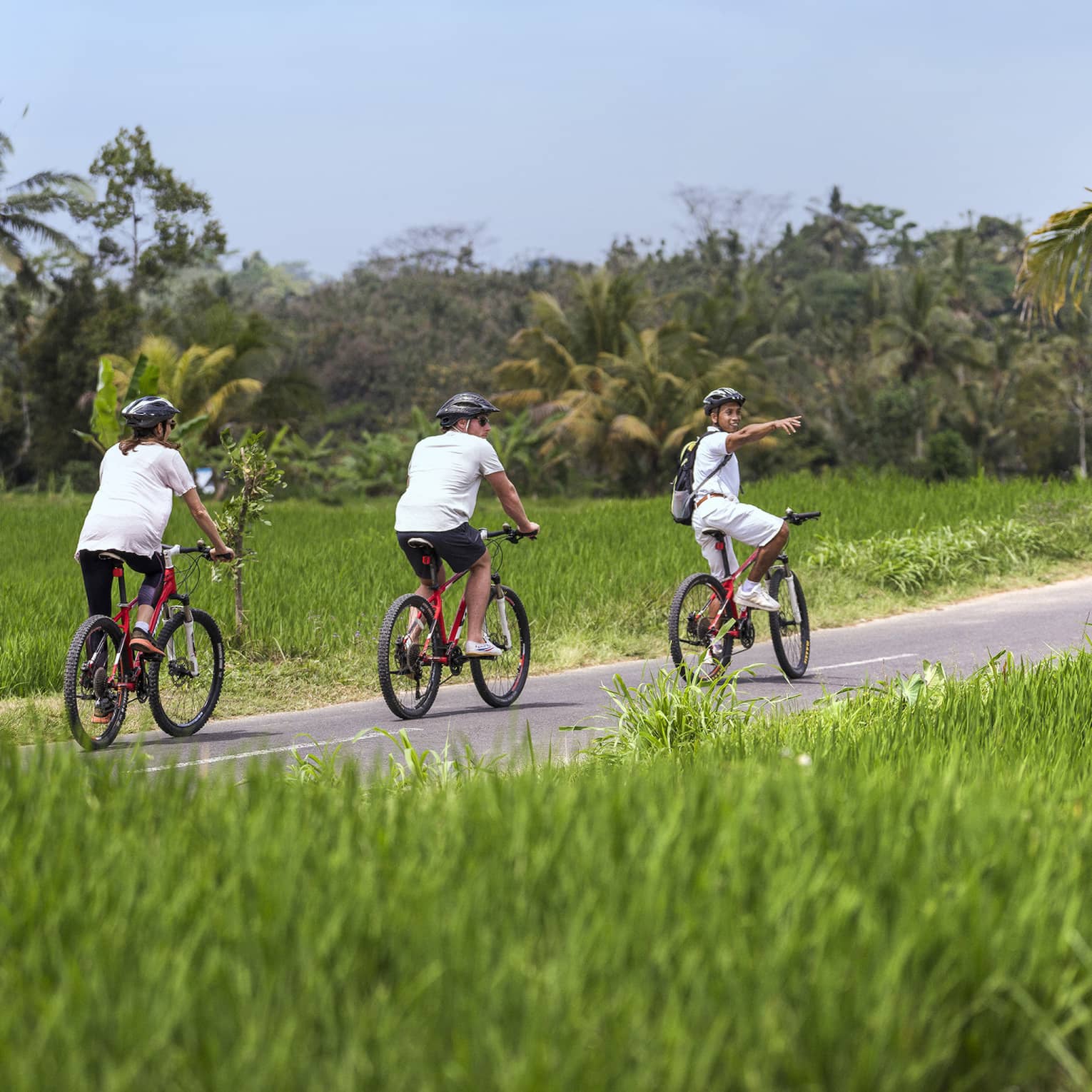Four seasons guests bike along a paved path near four seasons hotel bali at sayan