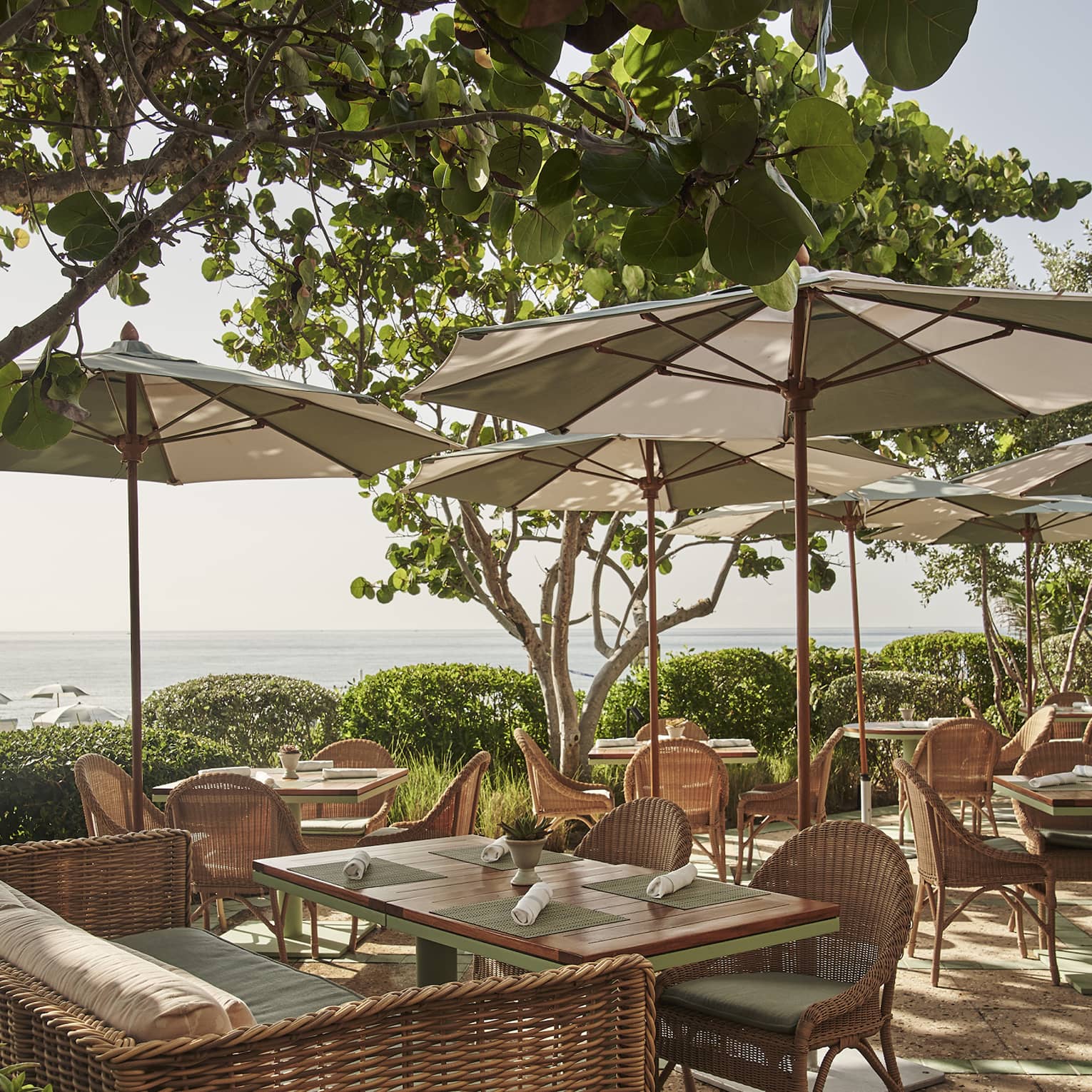 An outdoor seating area with woven chairs and tables under large beige umbrellas and trees.