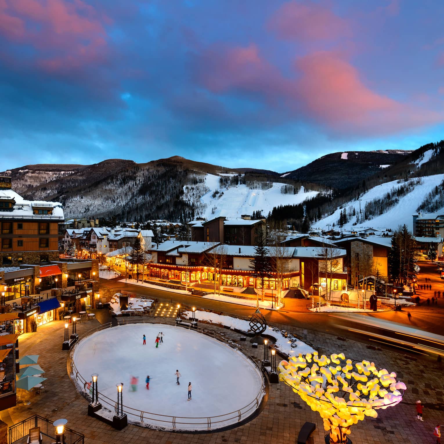 Nightime bird’s-eye view of Vail Village