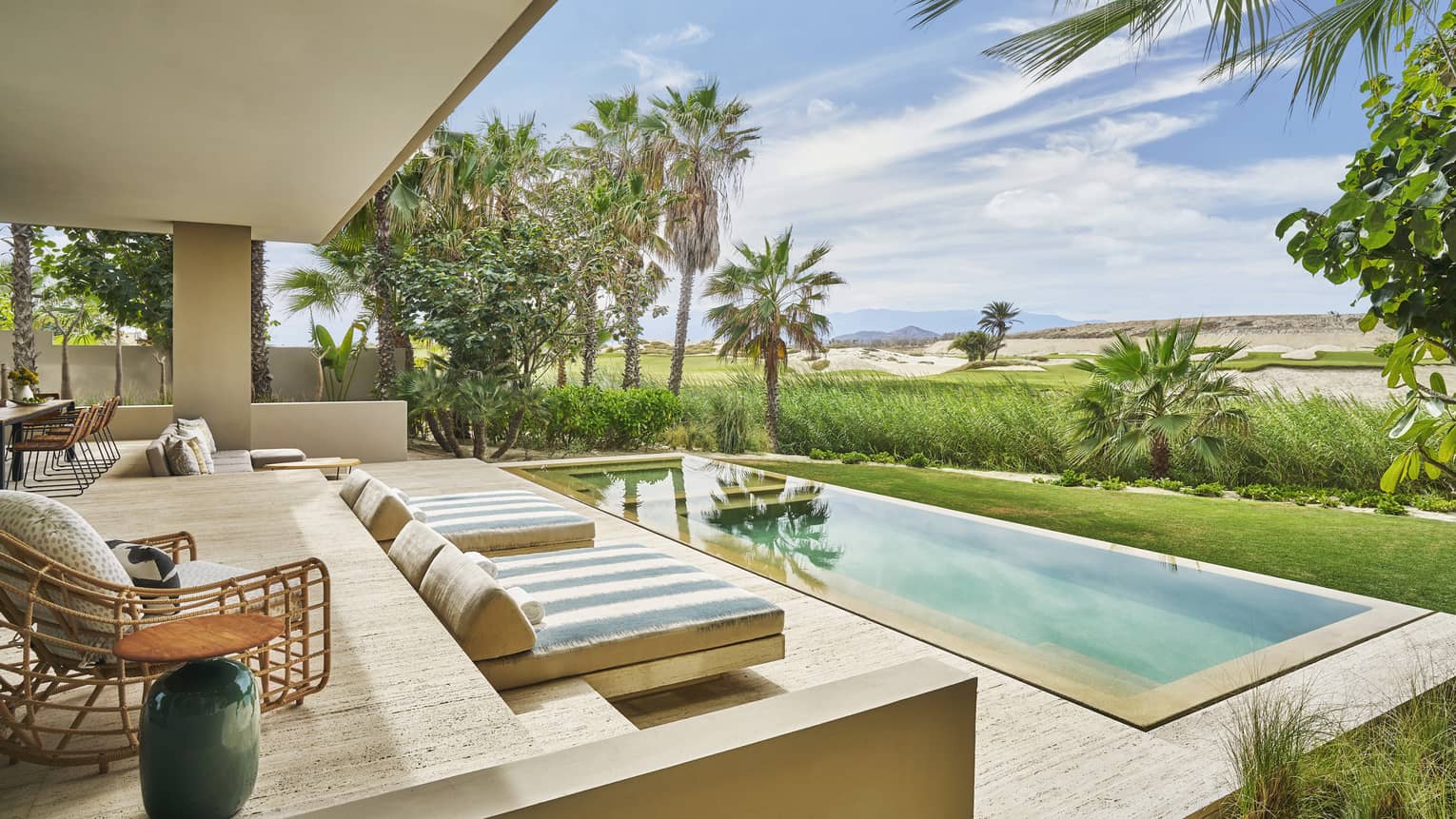 Luxury private villa terrace with private rectangular pool at Four Seasons Resort and Residences Los Cabos