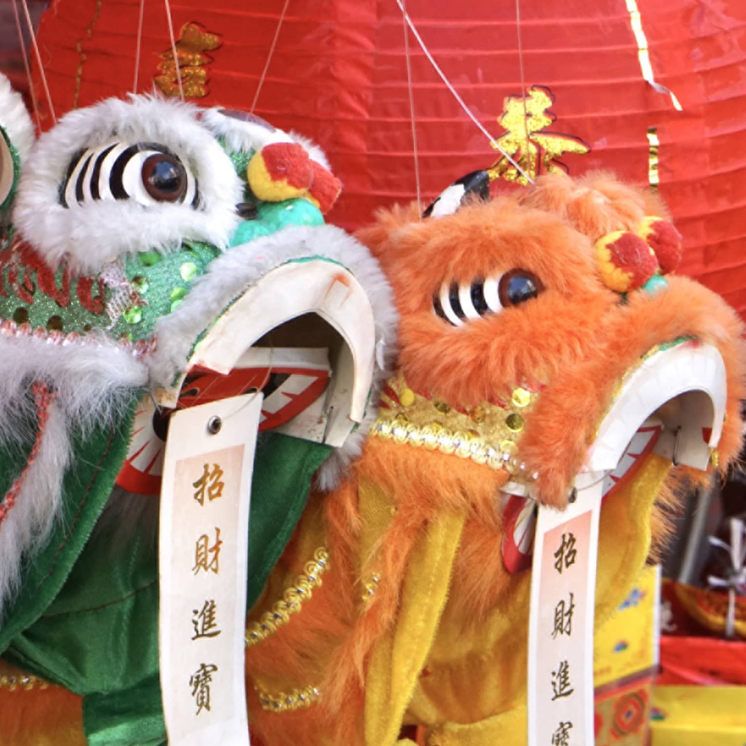 Close-up of colorful lion dance costumes in green and orange with intricate details, surrounded by red Chinese lanterns and festive decorations.