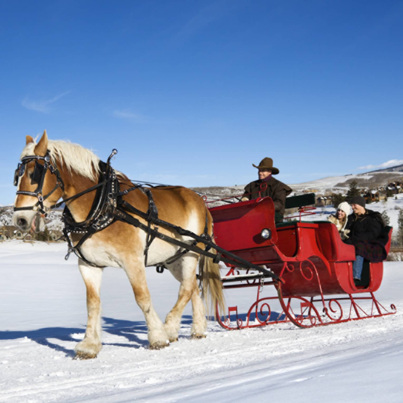 A horse pulling a red coloured sleigh with three people on it through white snow.