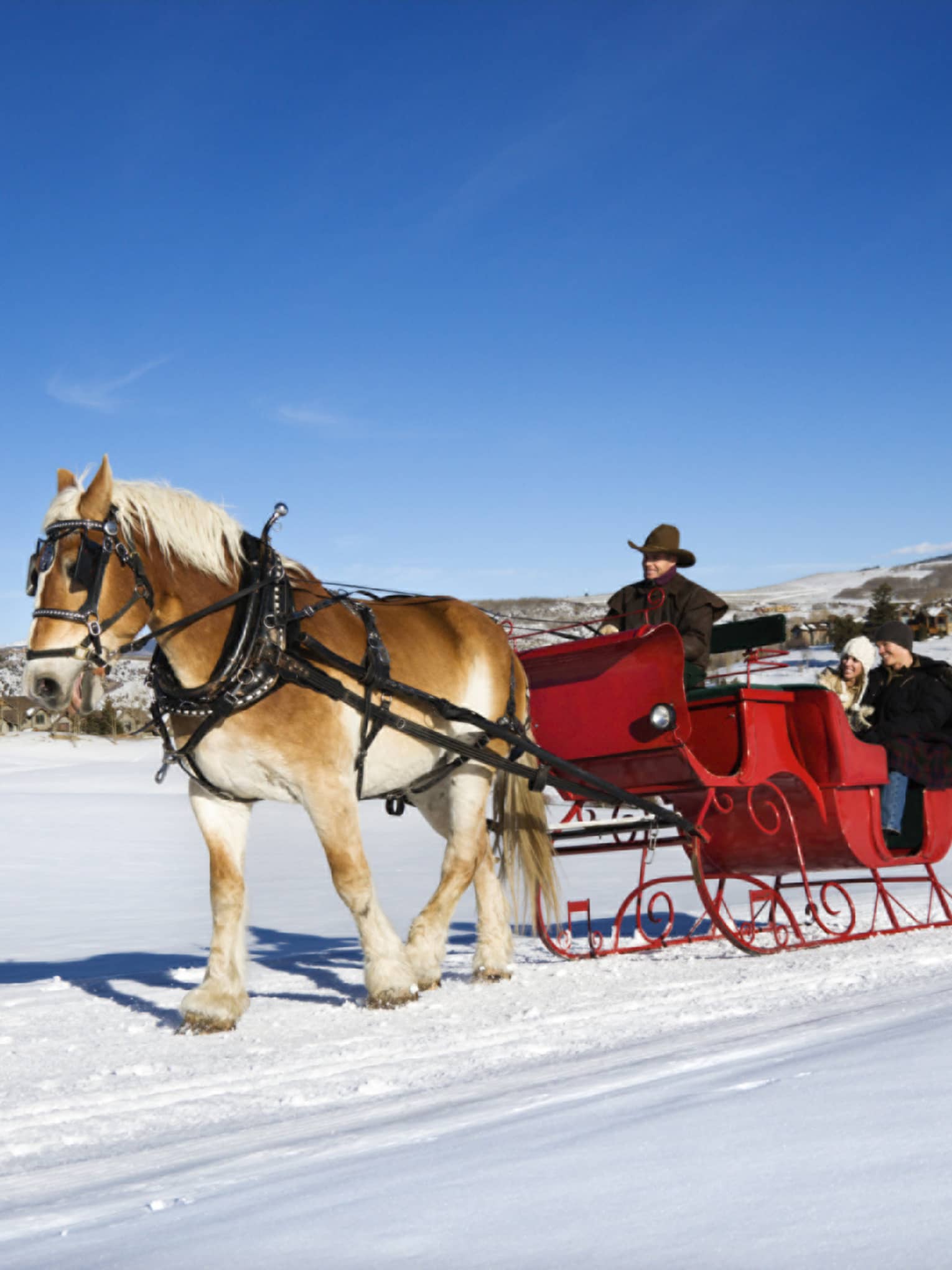 A horse pulling a red coloured sleigh with three people on it through white snow.