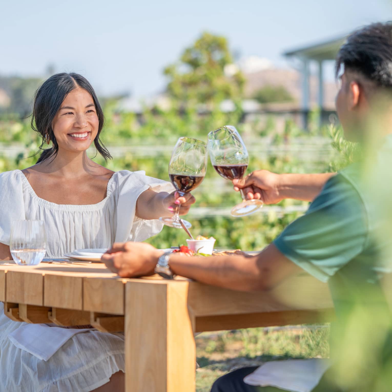 Two people sitting at an outdoor table in a vineyard, toasting with glasses of red wine, with greenery and hills in the background.