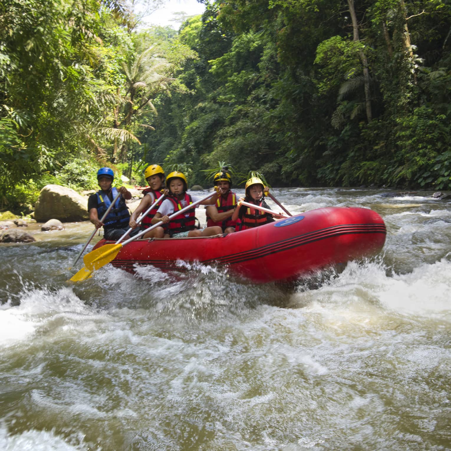 Family of four and guide hold paddles, steer red inflatable raft on rapids in river