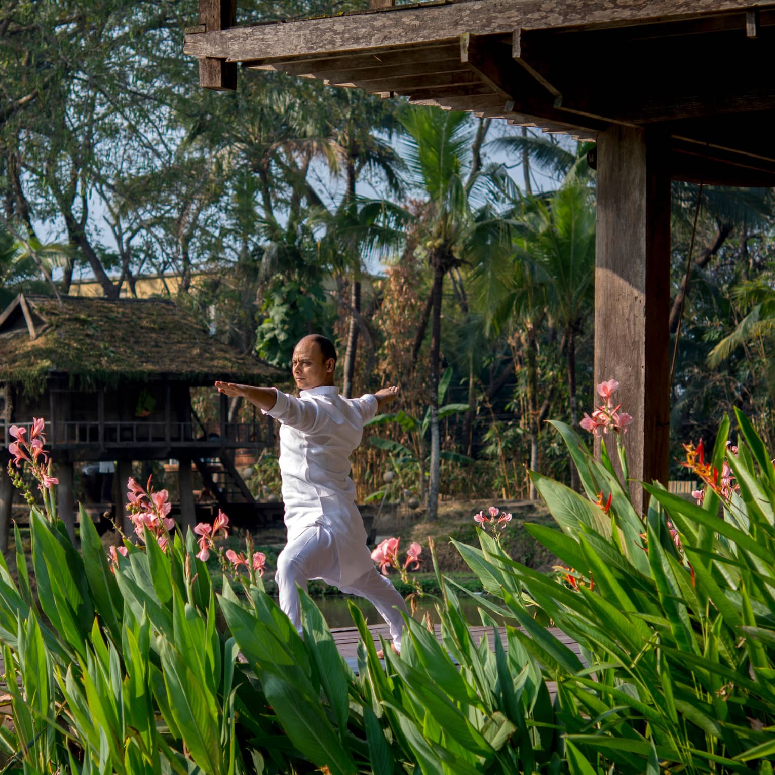 Resident yogi Dheera wearing white in yoga pose with arms outstretched by tall flowers, leaves