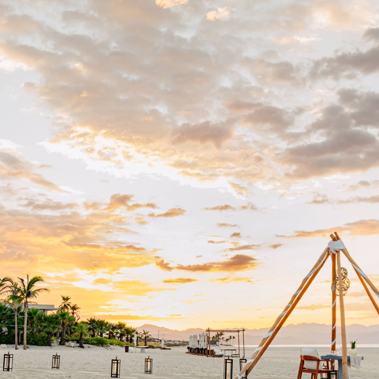View of the sand on the beach with a sunset in the background and palm trees.