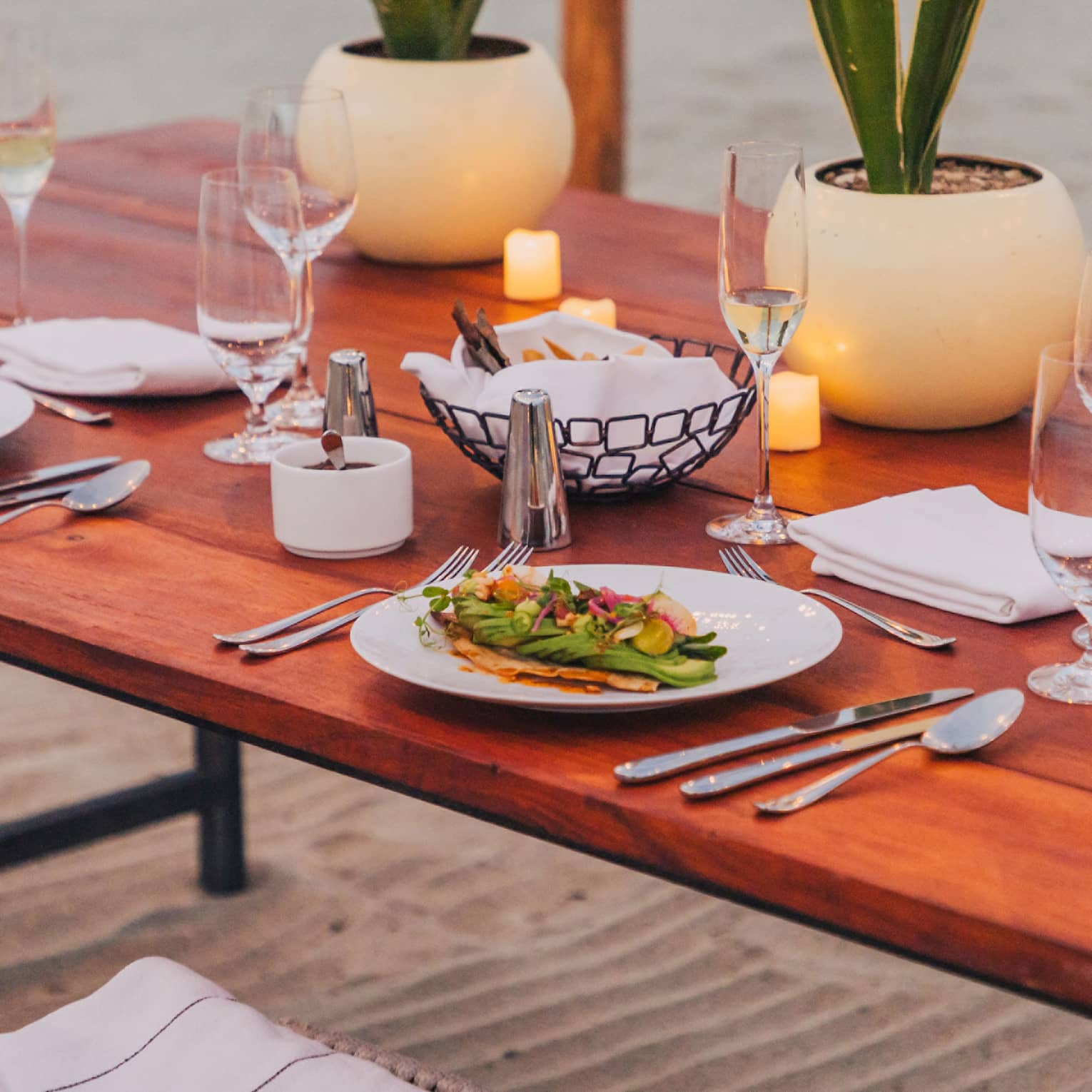 Dining table with two plants on it and two place settings with plates of food and wine glasses.