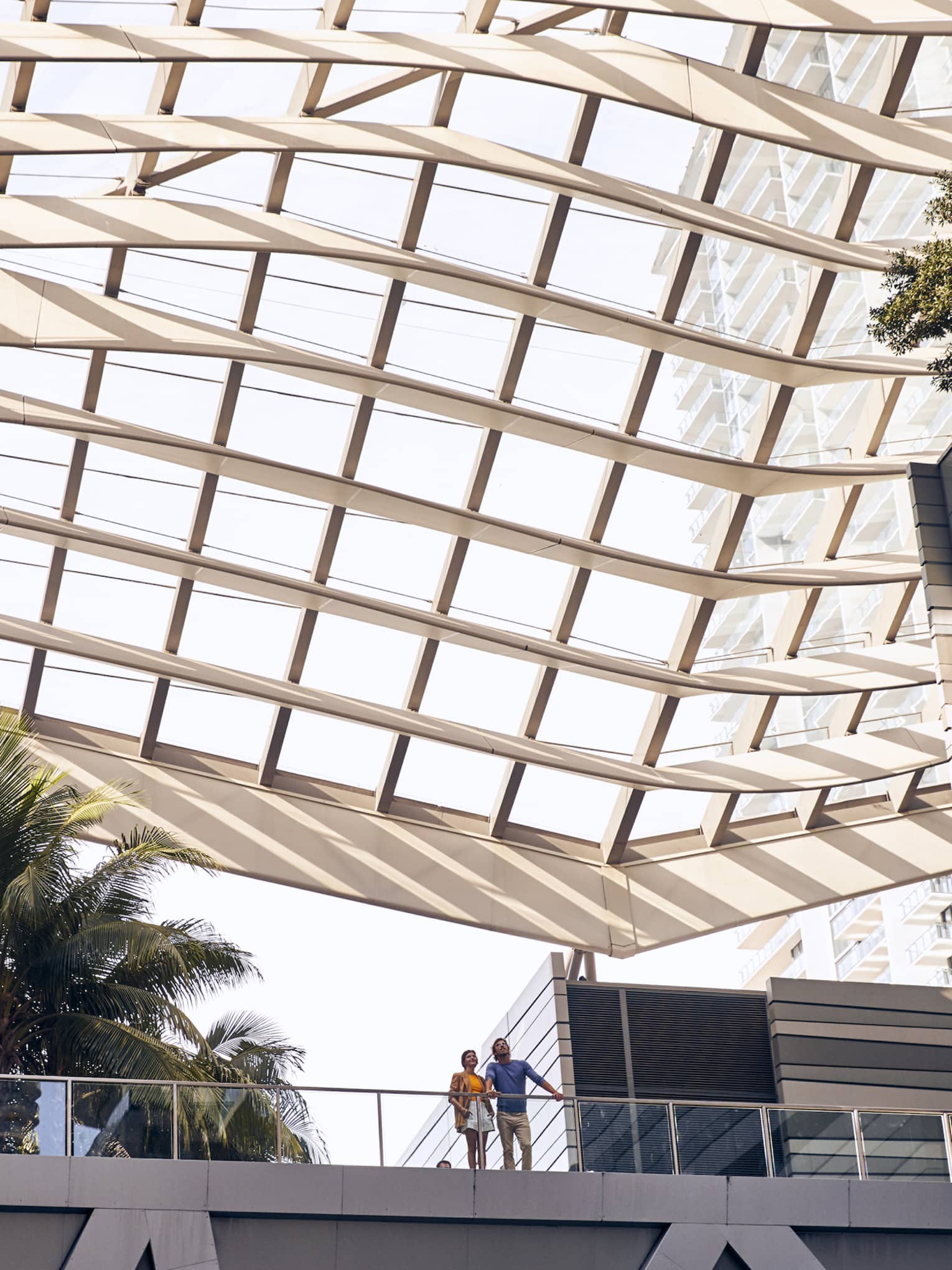 Outdoor walkway under modern grid-like, glass covering