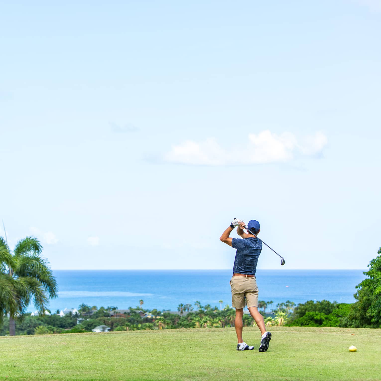 ,A man playing gold near palm trees and and ocean.