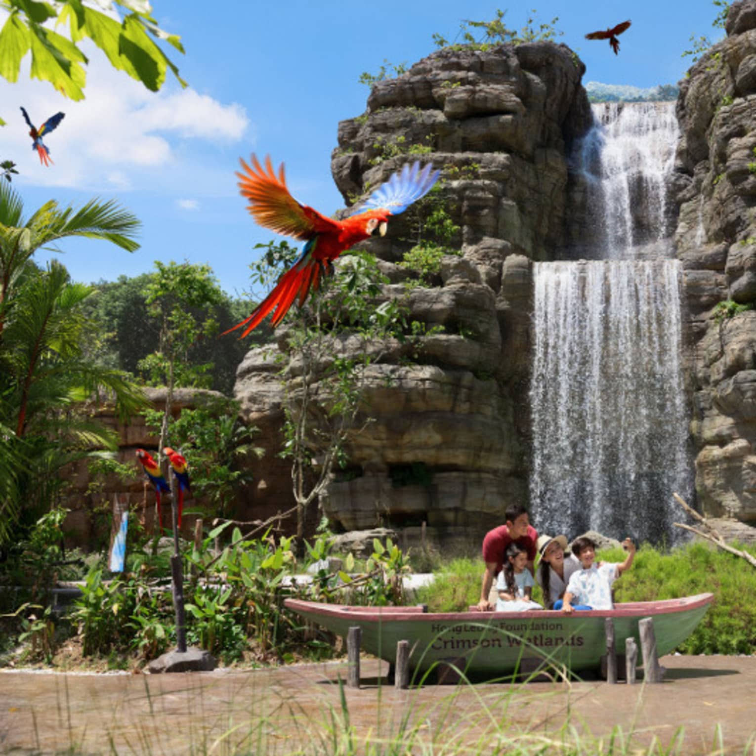 In front of a tall waterfall and stone formation, a family of four looks skyward at a flock of flying multi-coloured parrots.