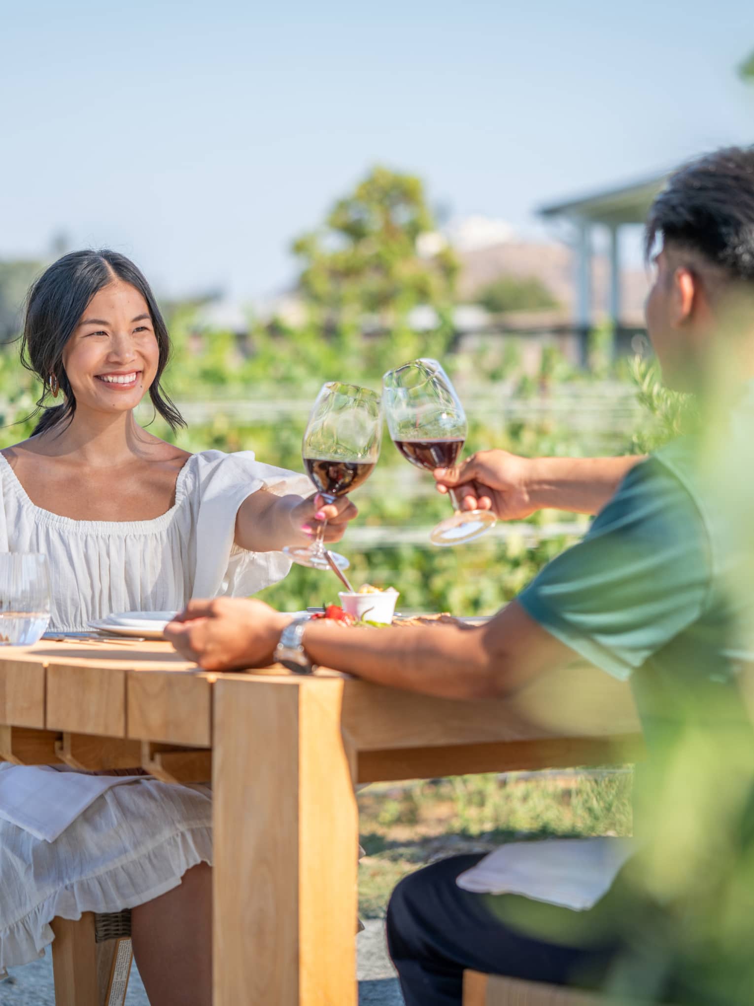 Two people sitting at an outdoor table in a vineyard, toasting with glasses of red wine, with greenery and hills in the background.