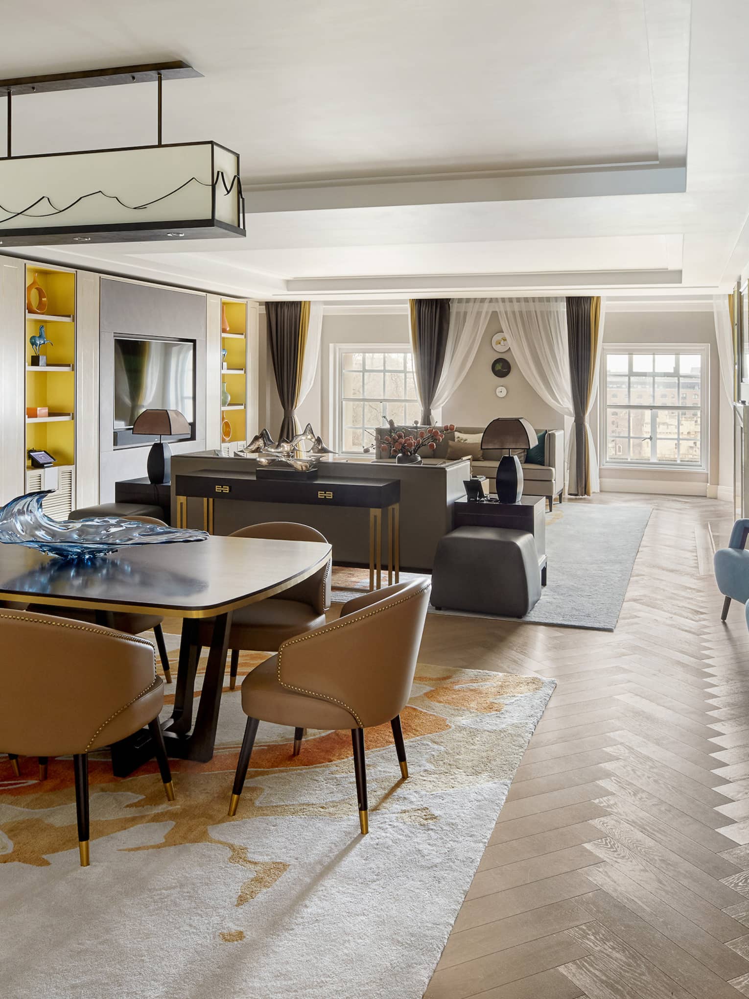 Modern dining room and living room with wooden floors