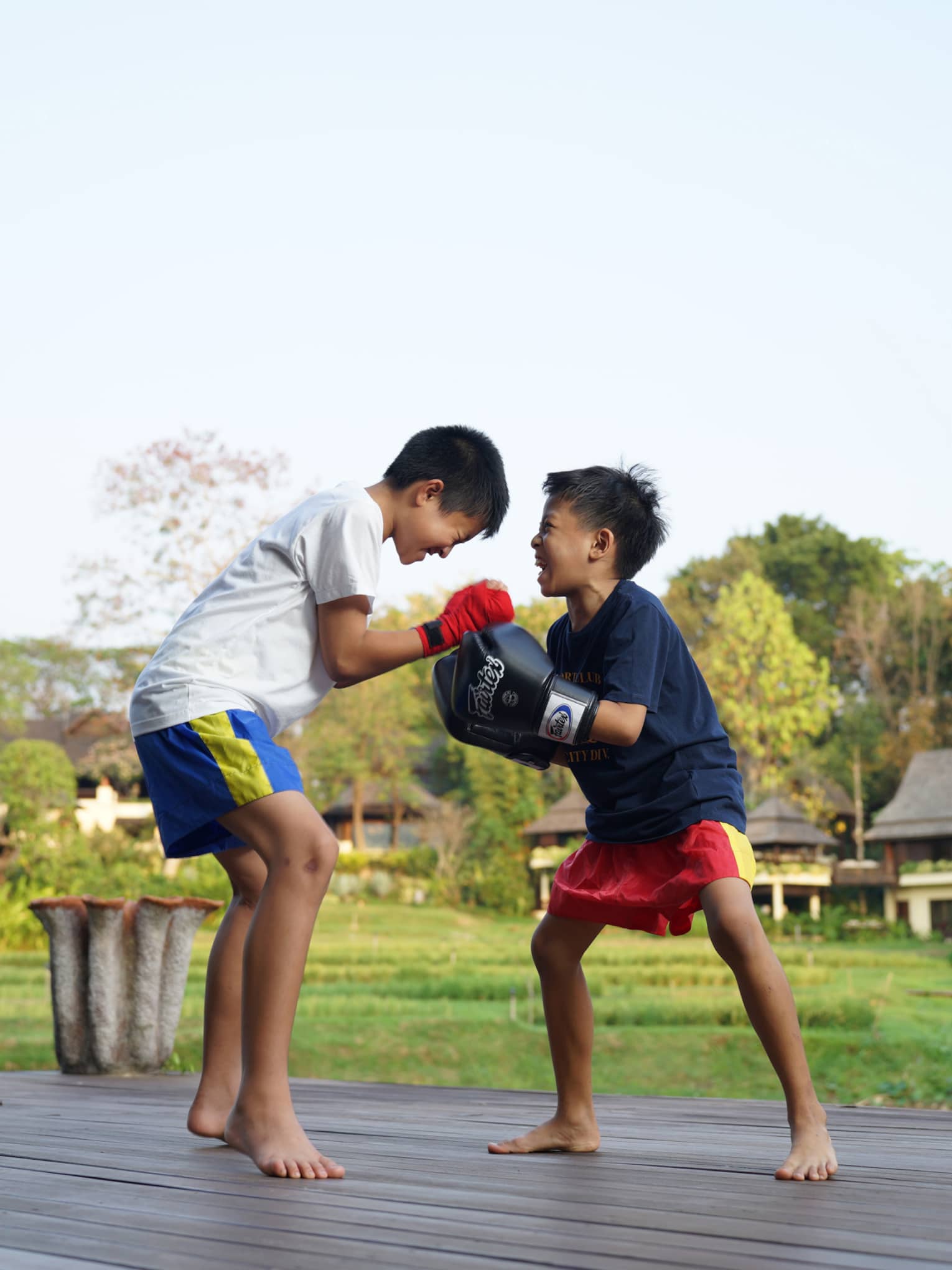 Two boys playfully sparring with boxing gloves on a wooden deck, surrounded by lush greenery and rustic cottages in the background.