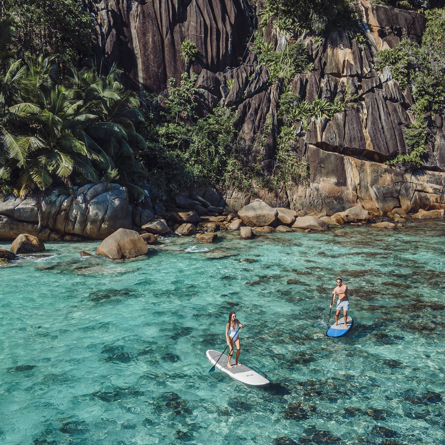 Aerial view of two stand-up paddleboarders navigating clear turquoise waters by the shore of a towering, verdant bluff.