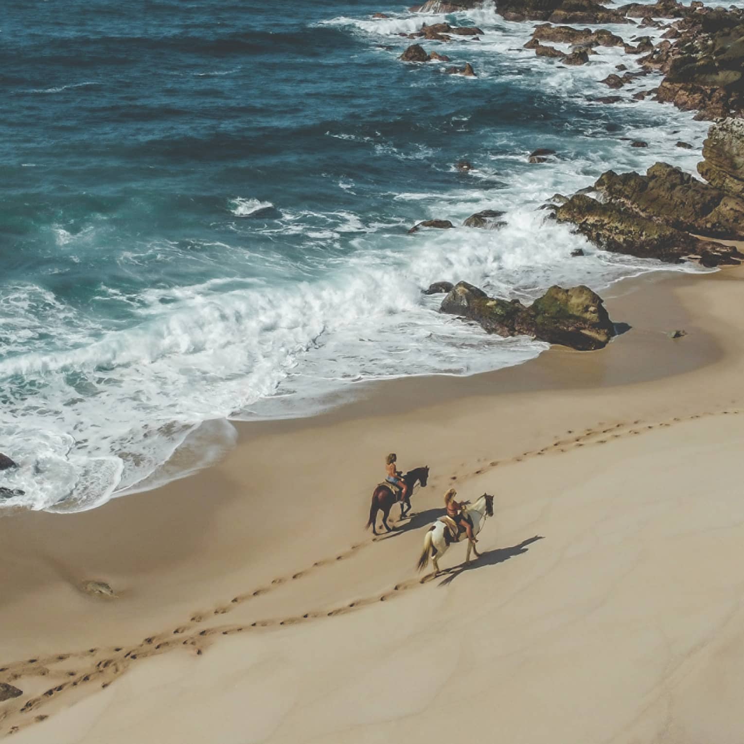 Two people riding horses on the beach next to the ocean.