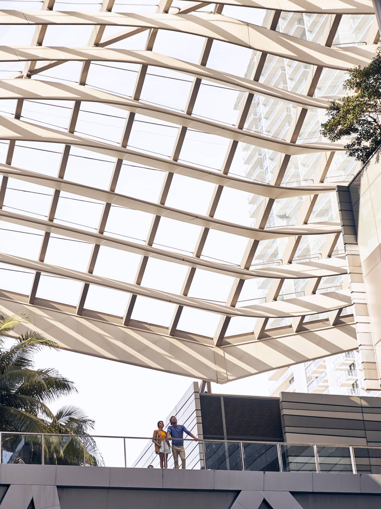 Outdoor walkway under modern grid-like, glass covering