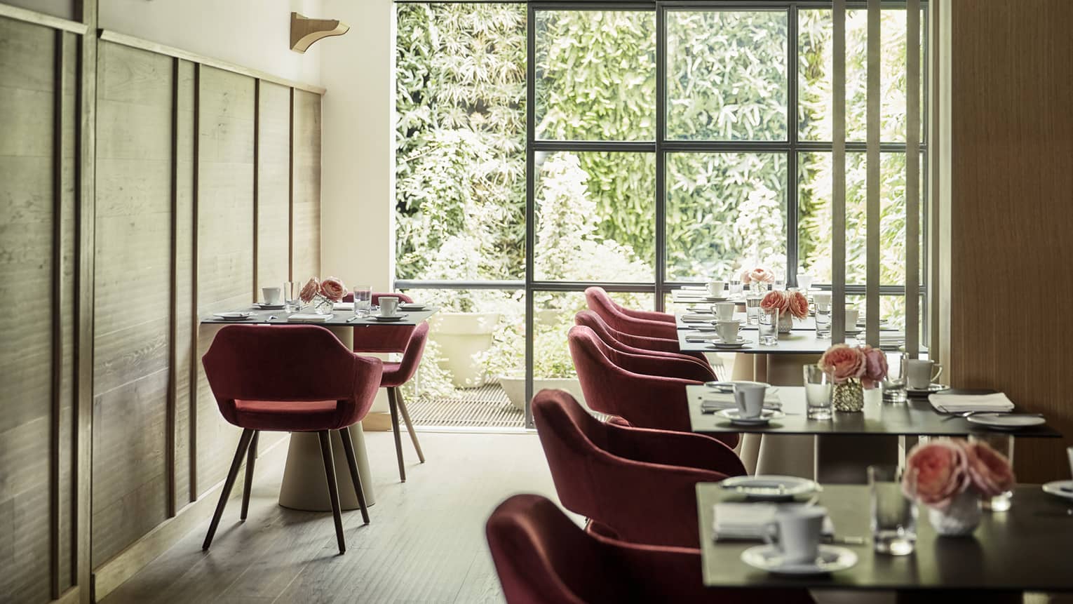 Biblioteca red retro-style velvet dining chairs at table, sunny room with floor-to-ceiling window