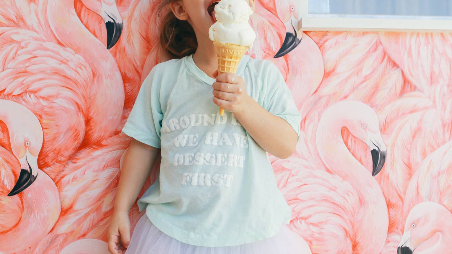 Child in front of a flamingo-motif wall with ice cream cone in one hand, wearing a tutu and t-shirt