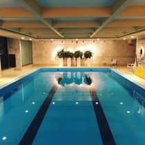 Long indoor swimming pool in dimly lit room with three planters, lights