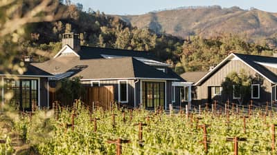 Single family home in wine country, rows of grape vines, mountain views