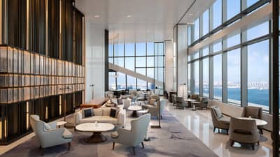 Hotel lounge with water view at Four Seasons Hotel Dalian
