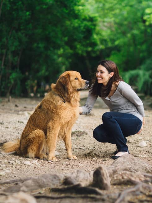 A woman petting a dog outside at a park trail.