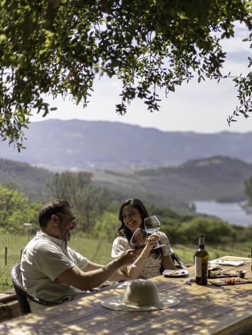 A couple smile and clink wine glasses as they sit at a rustic outdoor table overlooking a green valley and hill-lined lake.