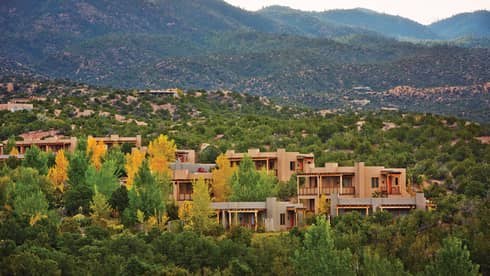 Aerial view of Four Seasons Resort Santa Fe in desert mountains