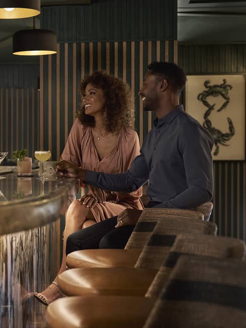 Two guests sitting at a bar smiling while the bartender is making a drink.
