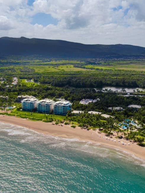 Aerial view of ocean, beach, resort buildings and greenery beyond