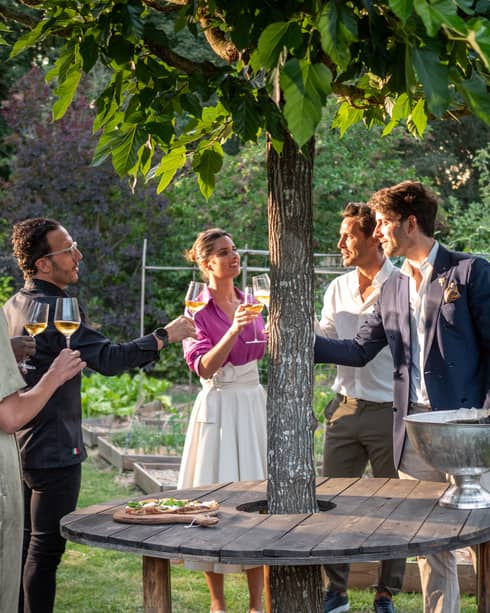 Friends cheers with wine glasses in garden