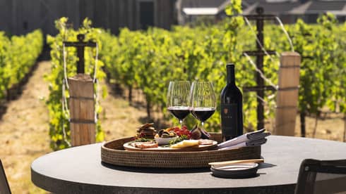 Two wine glasses with a plate of snacks on an outdoor dining table.