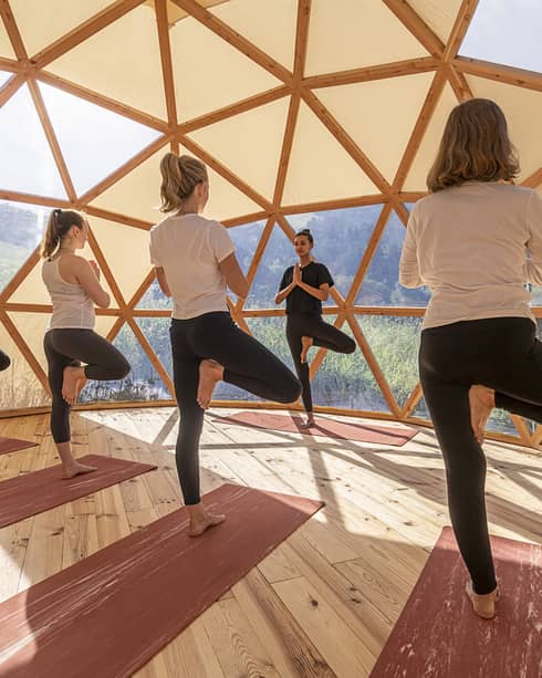 Three women standing in crane pose facing yoga instructor inside eco-friendly geodesic dome