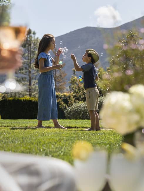 Two children blowing bubbles outside in the distance while a woman drinks a glass of wine in the foreground.