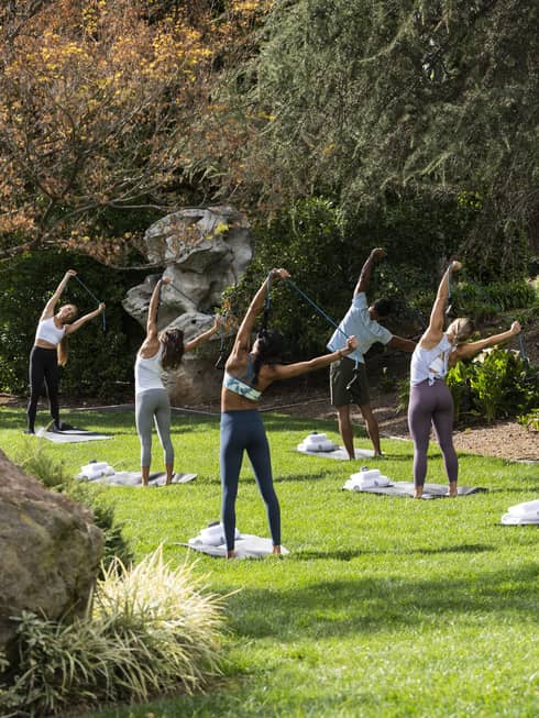 A group of people doing yoga outside on grass surrounded by trees.