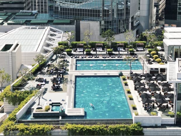Aerial view of a large rooftop pool surrounded by lush greenery, lounge chairs and umbrellas