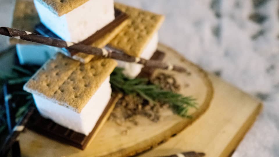 S?mores on a wooden tray.